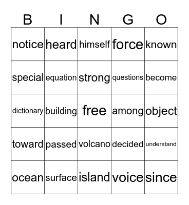 Sight Words Bingo Card