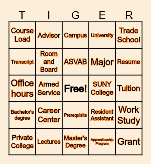 College and Career Terminology Bingo Card