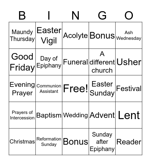 Worship Bingo Card