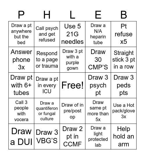 PHLEBOTOMY BINGO Card