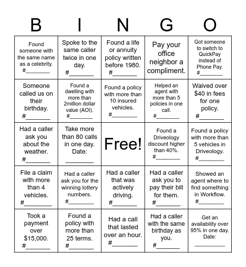 Contact Center Bingo Card