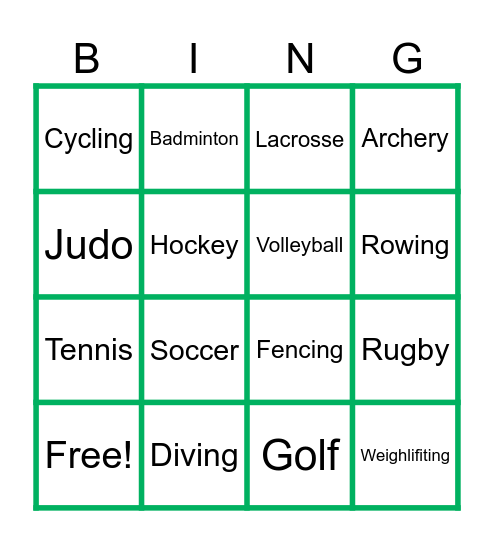 Olympic Bingo Card