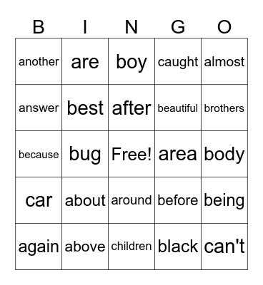 Sight Word Bingo Card