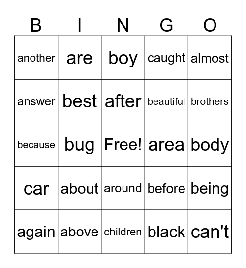 Sight Word Bingo Card