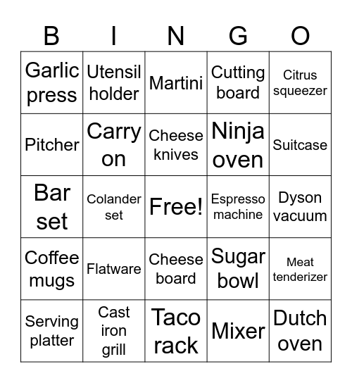 Bridal shower Bingo Card