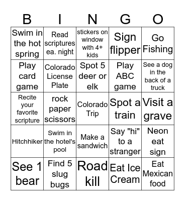 Colorado Trip Bingo Card