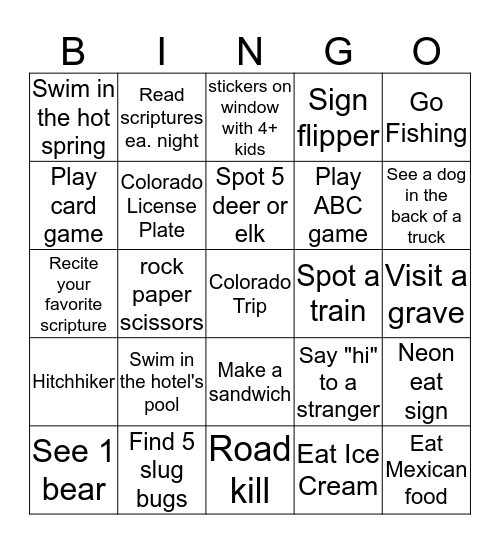 Colorado Trip Bingo Card