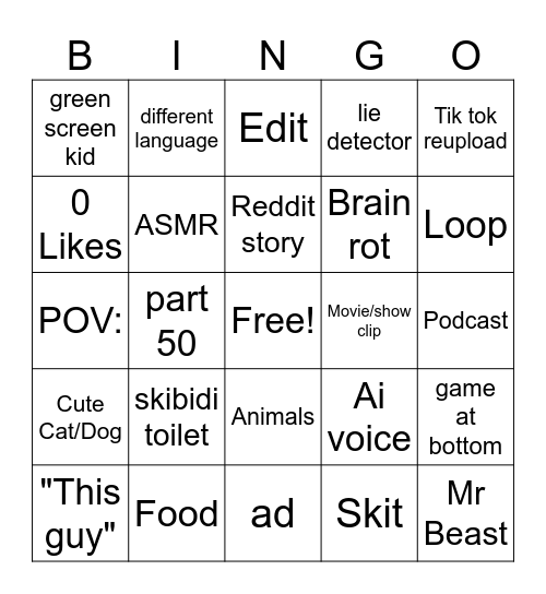 Youtube shorts bingo Card