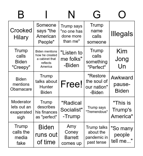 Trump VS Biden Debate Bingo Card