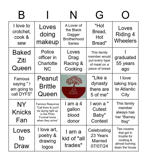 Lee Family Reunion Bingo Card