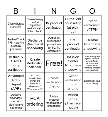 Operational Pharmacy Orientation Bingo Card