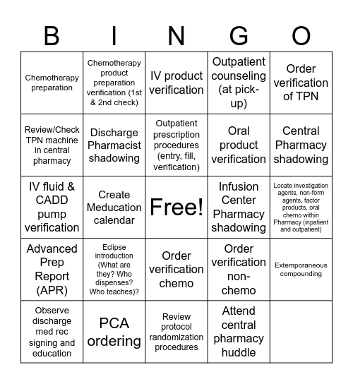 Operational Pharmacy Orientation Bingo Card