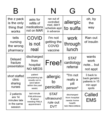 Family Medicine Bingo Card