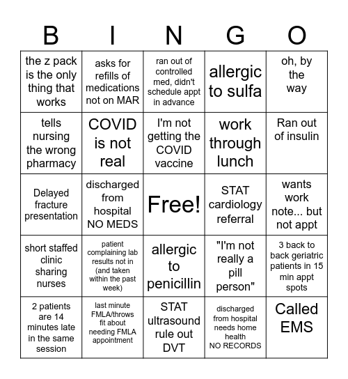 Family Medicine Bingo Card