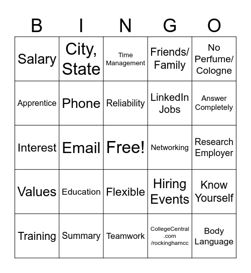 Career Search Bingo Card