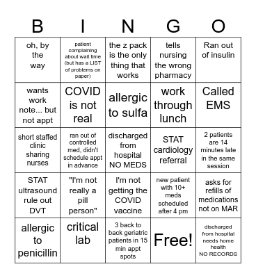 Family Medicine Bingo Card