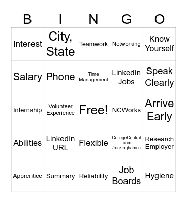 Career Search Bingo Card