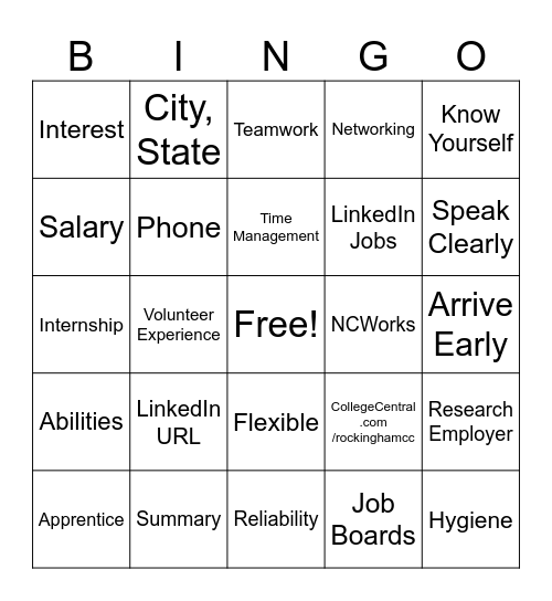 Career Search Bingo Card