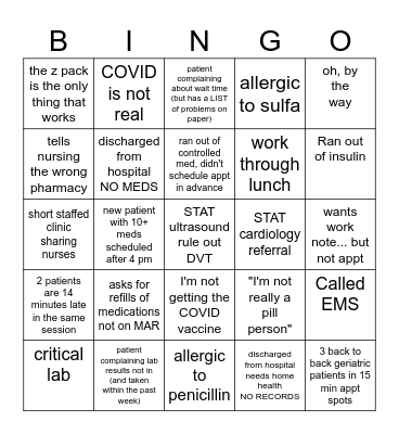 Family Medicine Bingo Card