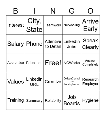 Career Search Bingo Card