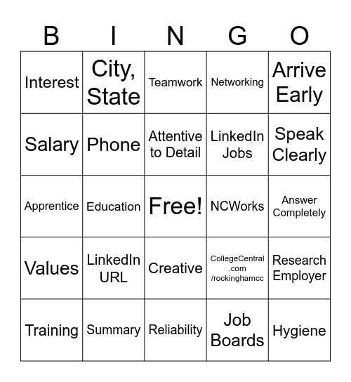 Career Search Bingo Card