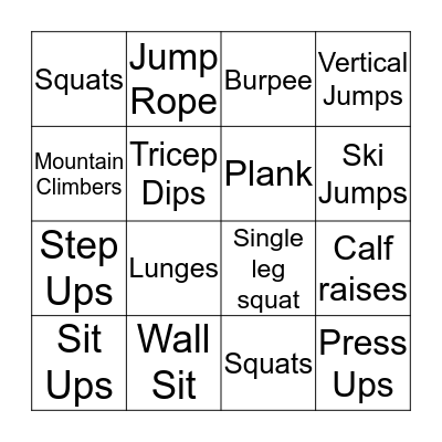 Fitness Bingo Card