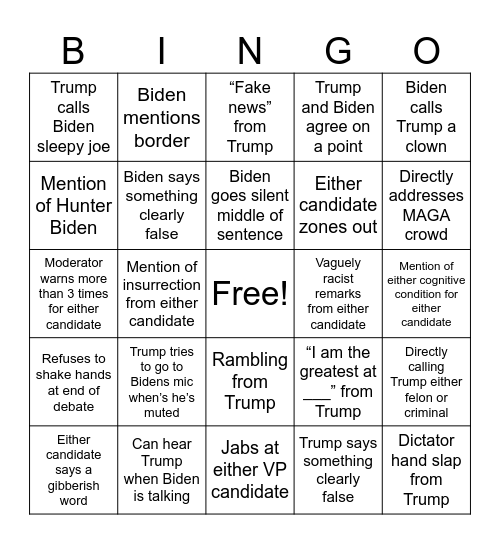Presidential Debate Bingo Cards Bingo Card