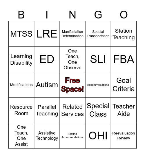 Special Education Bingo Card