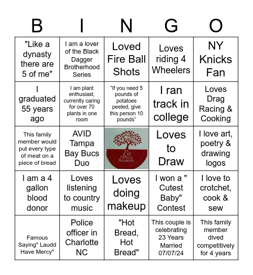 Lee Family Reunion Bingo Card