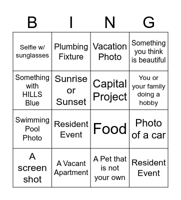 HILLS Camera Roll Bingo Card
