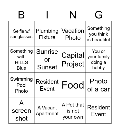 HILLS Camera Roll Bingo Card