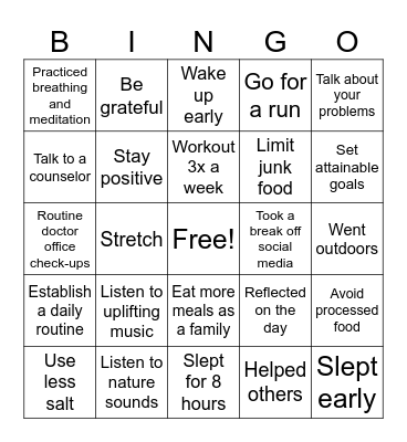 Healthy Habits Bingo Card