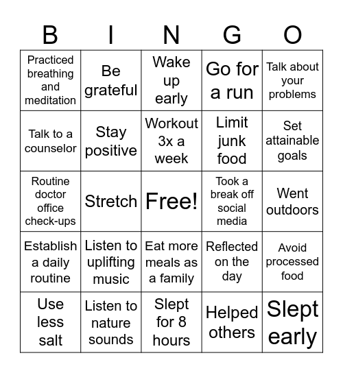 Healthy Habits Bingo Card