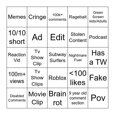 YouTube Shorts Bingo Card