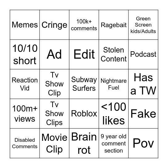 YouTube Shorts Bingo Card