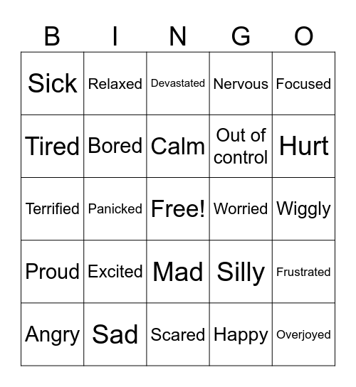 Zones of regulation Bingo Card