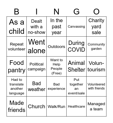 Volunteer Bingo Card