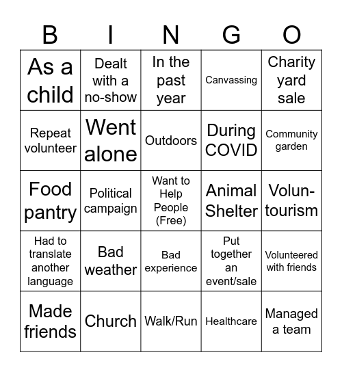 Volunteer Bingo Card