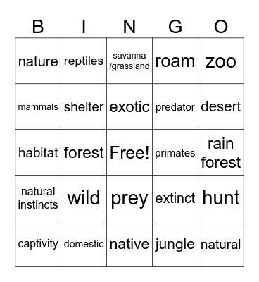 Exotic/ Wild Animals Bingo Card