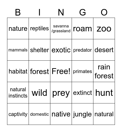 Exotic/ Wild Animals Bingo Card