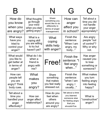 Anger Management Bingo Card