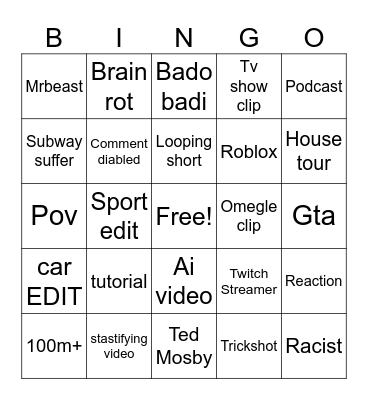 YouTube Short Bingo Card