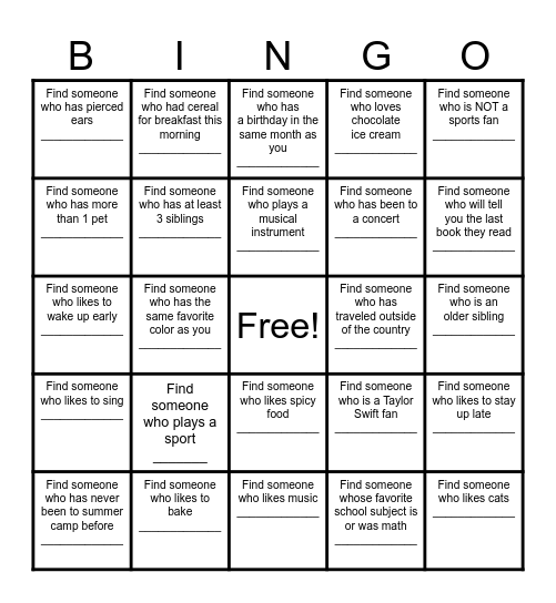 Find a Friend Bingo Card