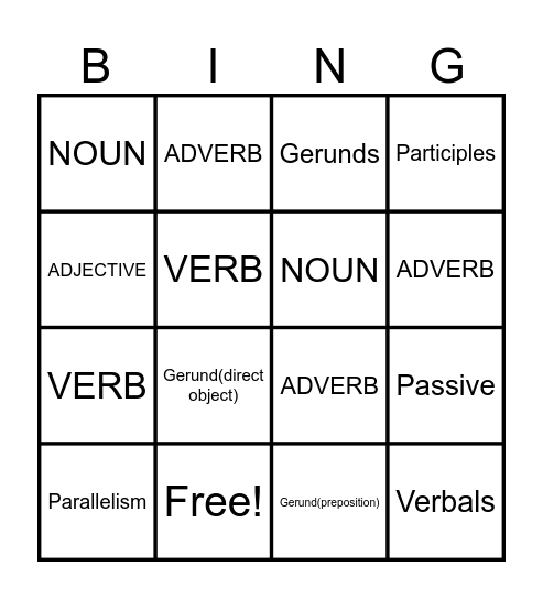 Grammar Skills Bingo Card