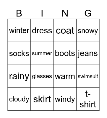 My Clothes Bingo Card