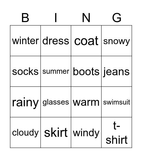 My Clothes Bingo Card