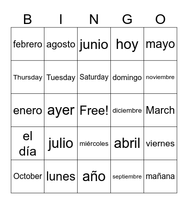 Los Dias/Meses Bingo Card