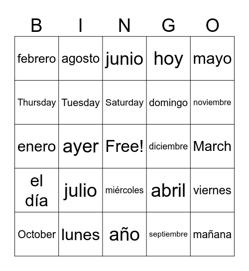 Los Dias/Meses Bingo Card
