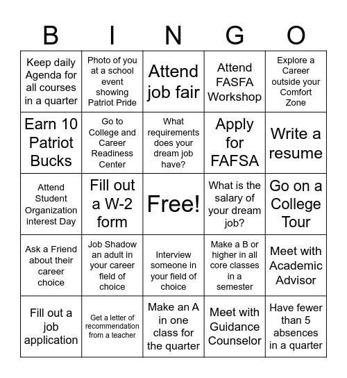 College and Career Readiness BINGO Card