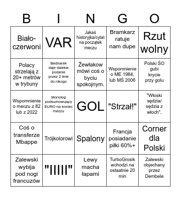 Polska - Francja Euro 2024 Bingo Card